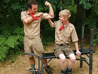 Horny Scoutleader disrobes and bangs greasy blonde man in the forest